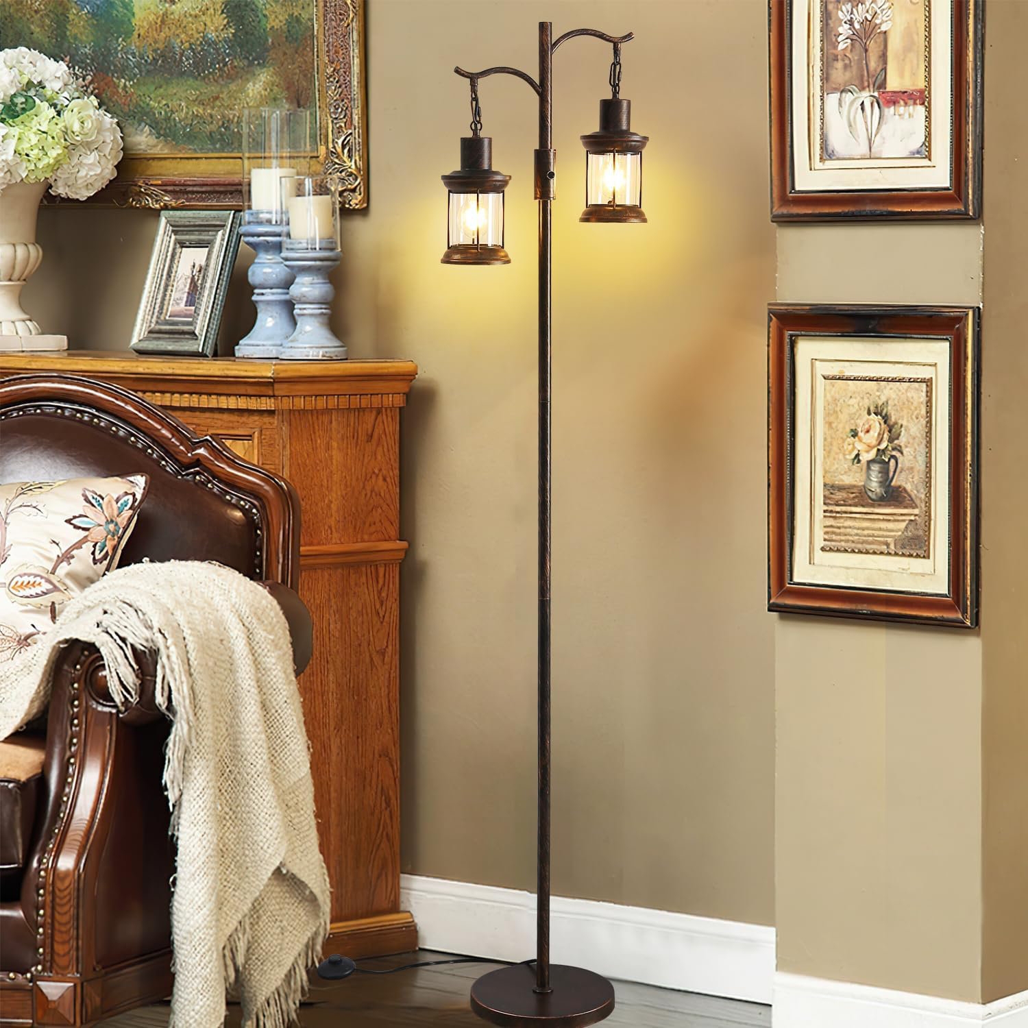 Floor Lamp Using Dual Lanterns and Copper Black Finish