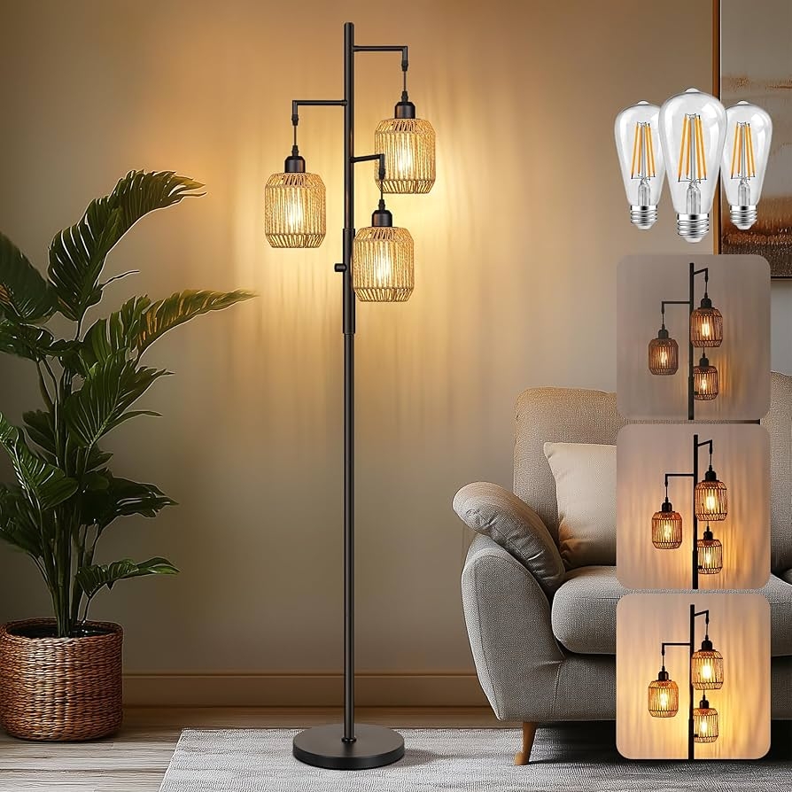 Floor Lamp Using Rattan Cane Shades and Multi Head Tree
