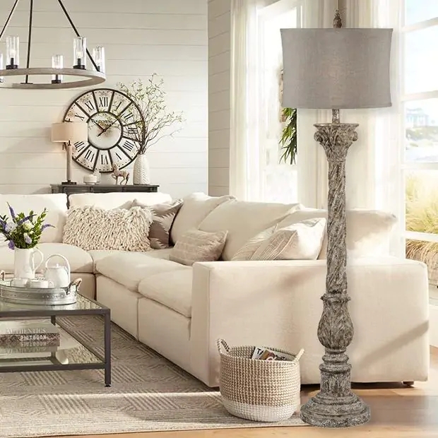 Floor Lamp with Carved Architectural Column and Grey Base