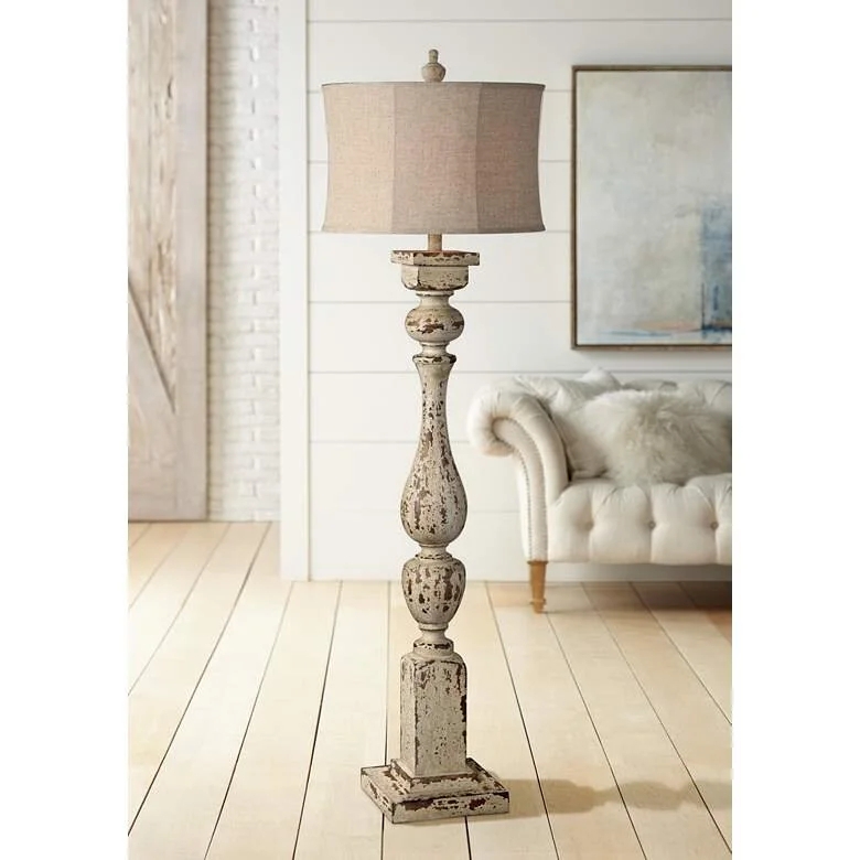 Floor Lamp with Chippy Paint and Carved Column Base
