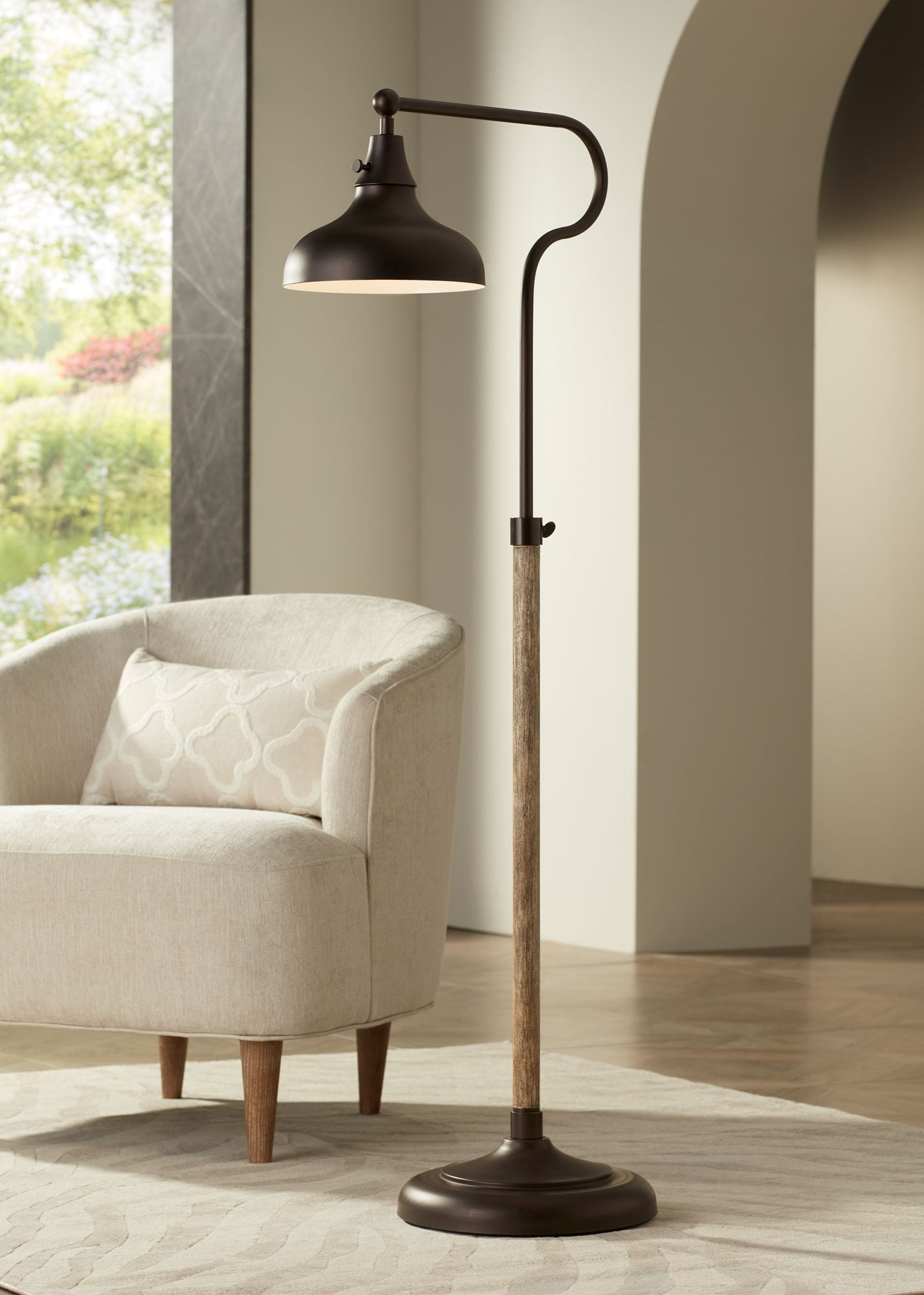 Floor Lamp with Curved Pharmacy Arm and Faux Wood Grain