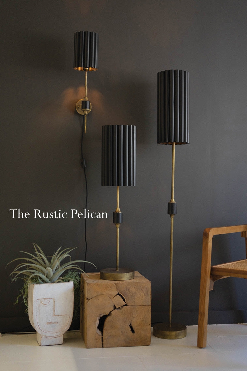 Floor Lamp with Fluted Black Shade and Slim Brass Profile