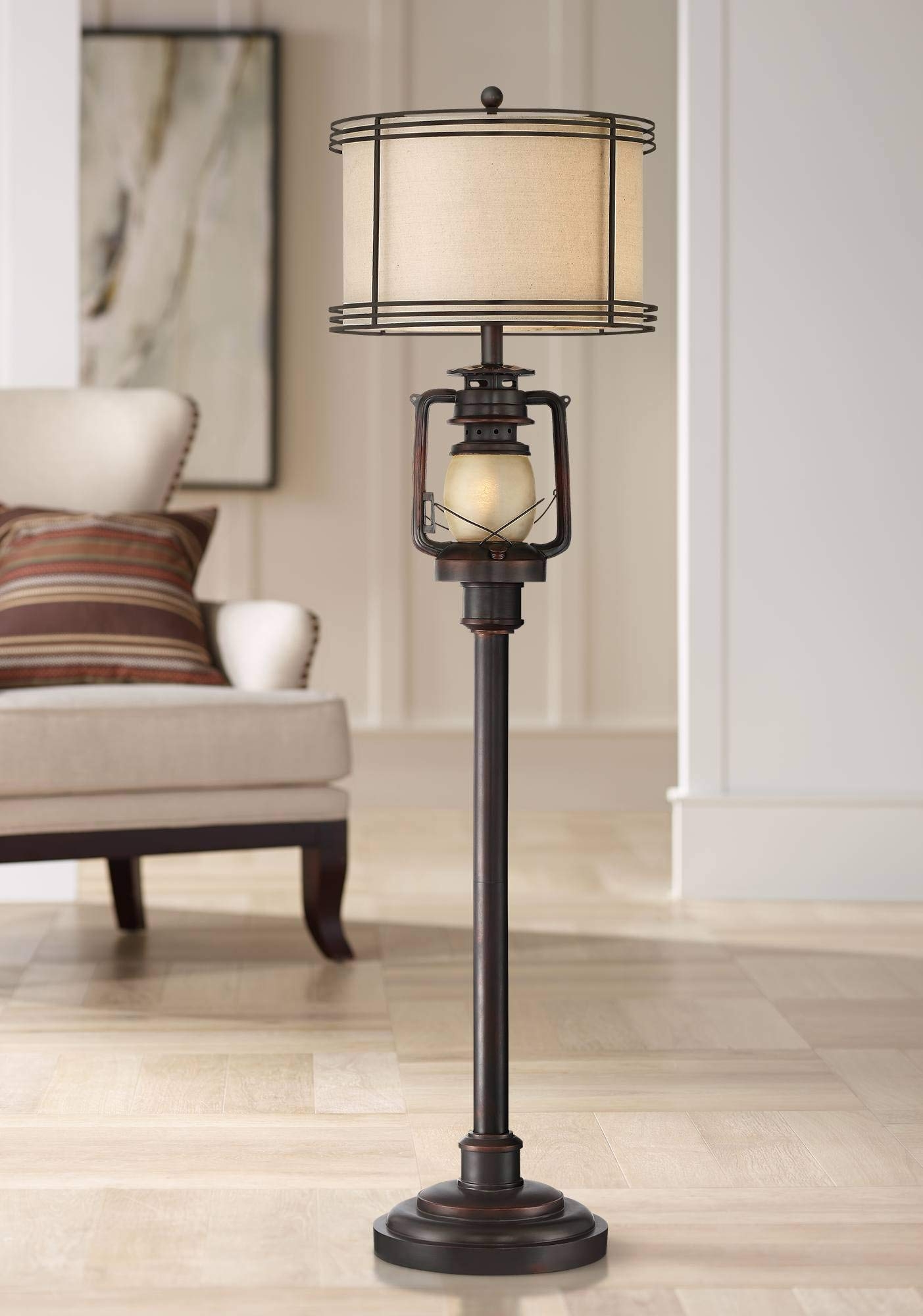 Floor Lamp with Lantern Nightlight and Caged Bronze Shade