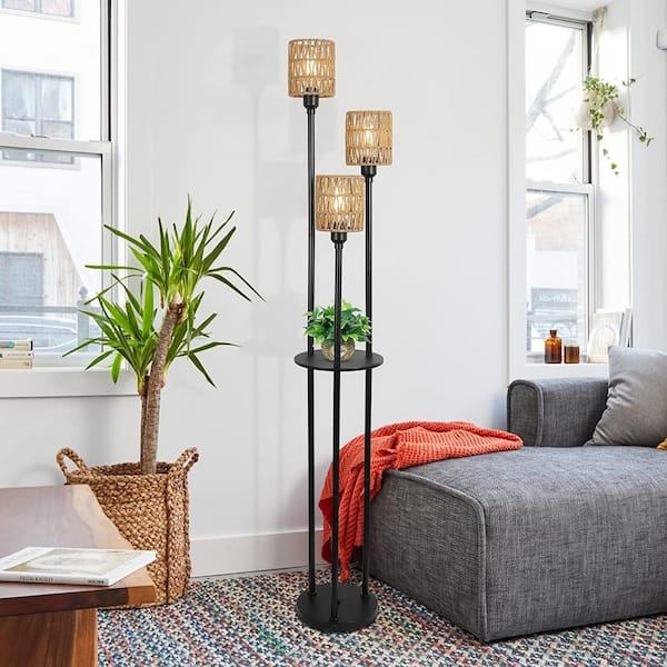 Floor Lamp with Rattan Shades and Integrated Wood Shelf