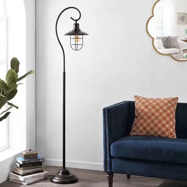 Floor Lamp with Shepherds Hook Arm and Metal Cage Shade