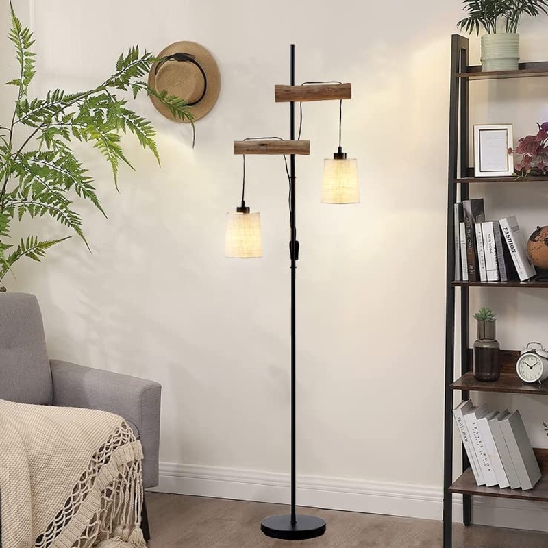 Floor Lamp with Wood Beam Accents and Offset Design