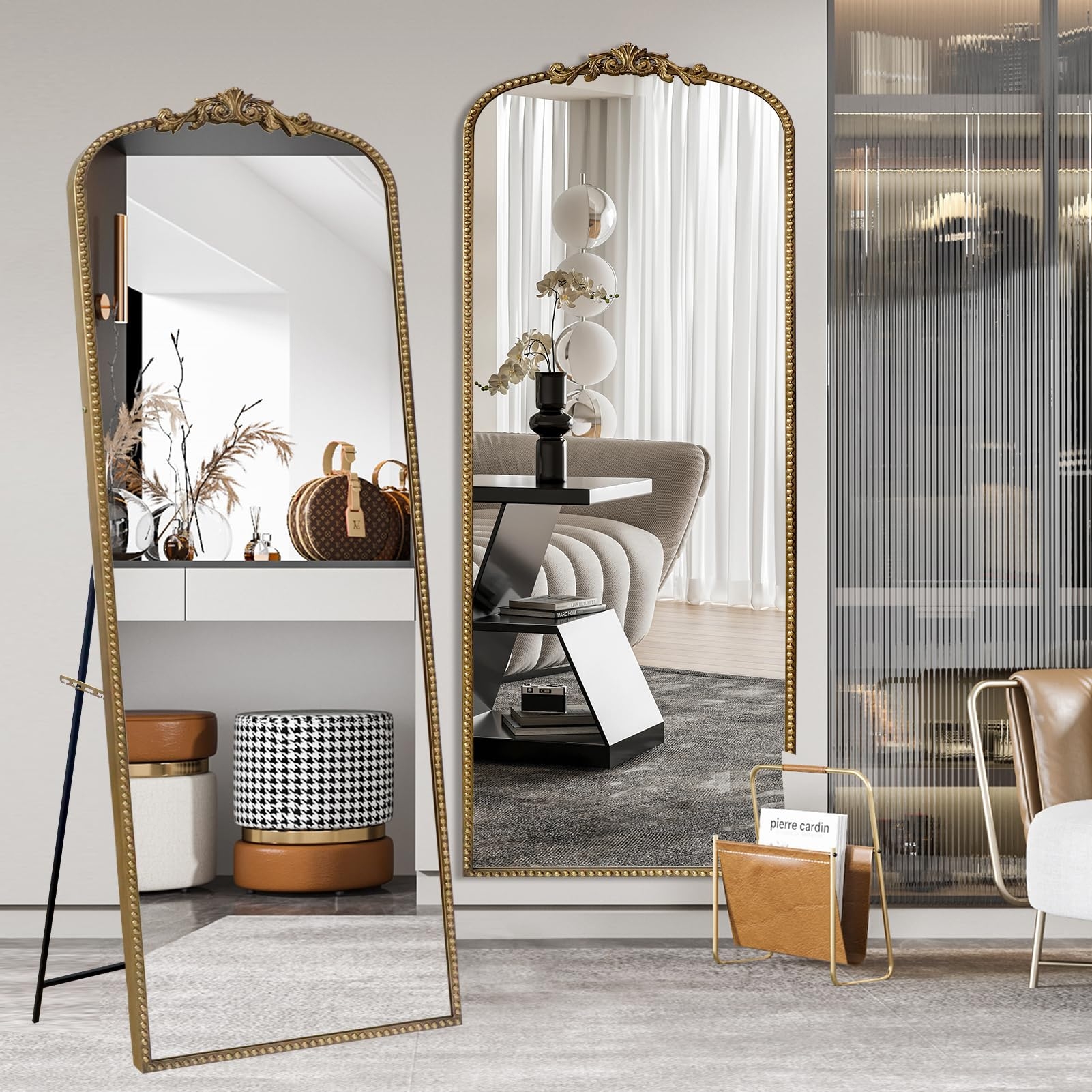 Floor Mirror Beaded Frame Arched Gold Floor Mirror