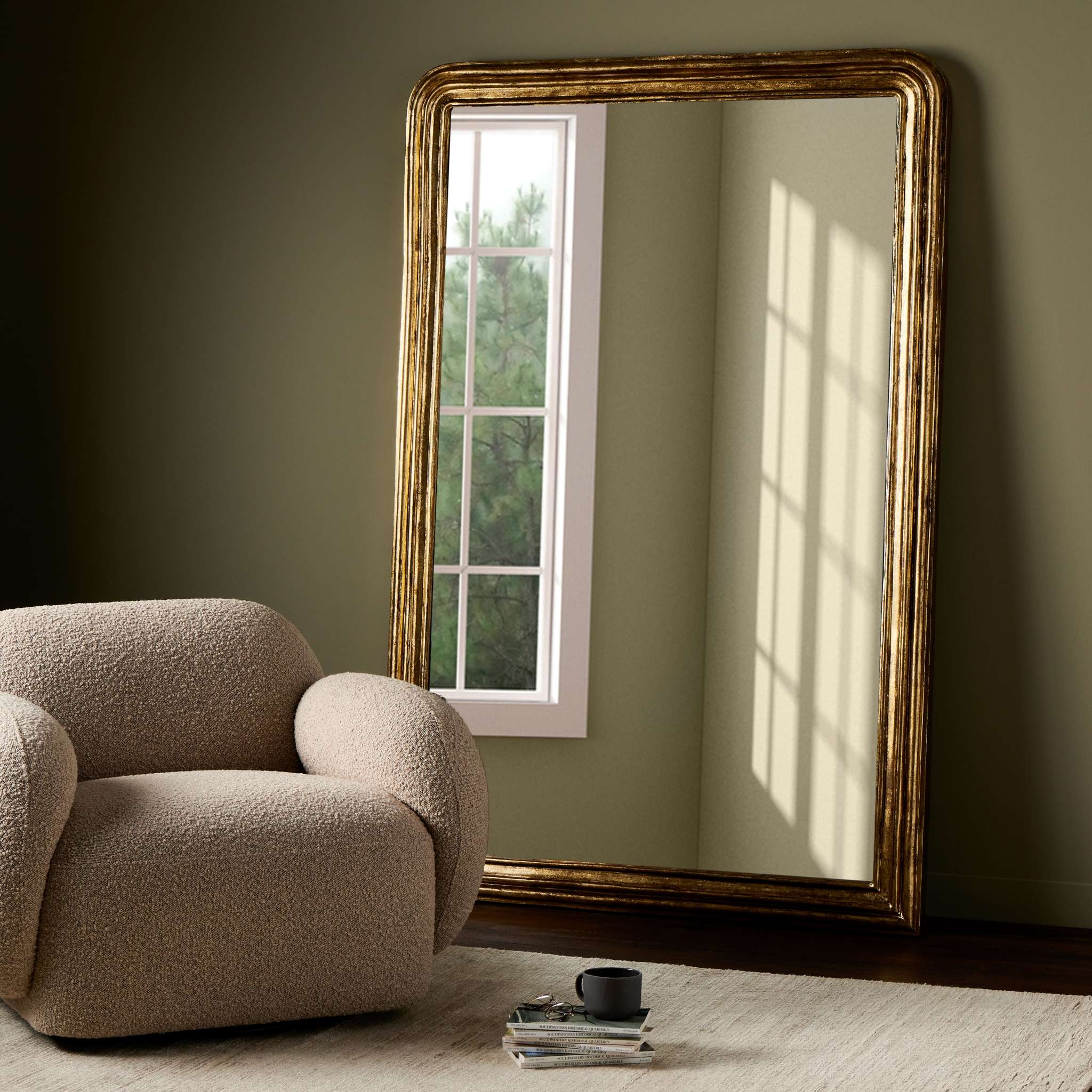 Floor Mirror Ribbed Gold Frame Oversized Leaning Decor