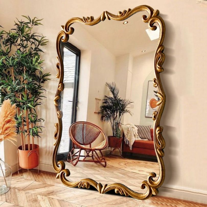 Floor Mirror Scalloped Gilt Frame French Vintage Glam