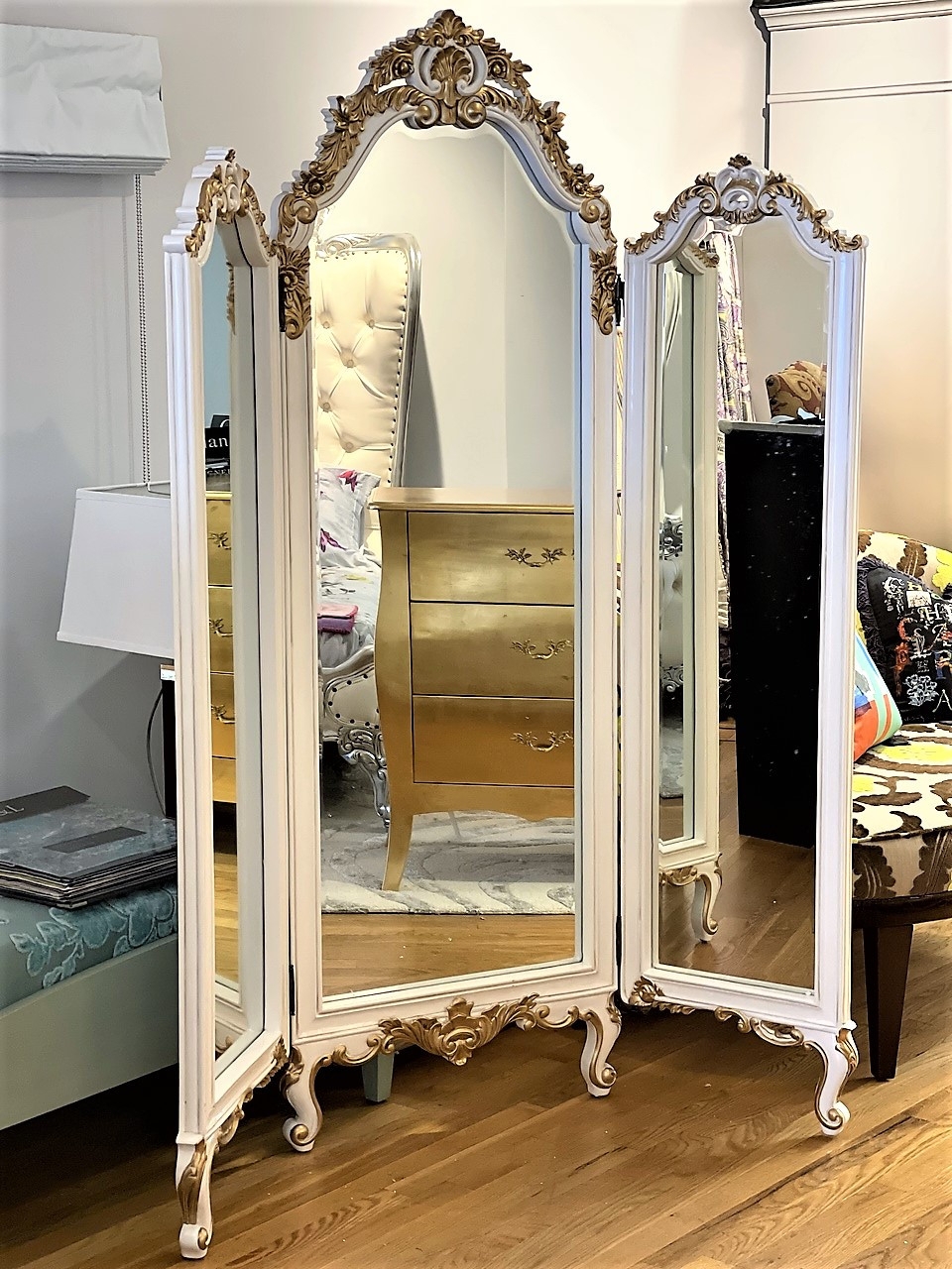 Floor Mirror Triptych Design Rococo Antique White Gold