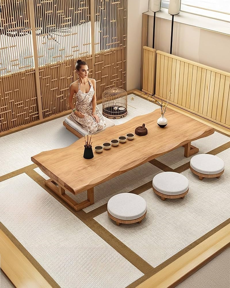 Floor Table Set with Live Edge Top and Japandi Seating