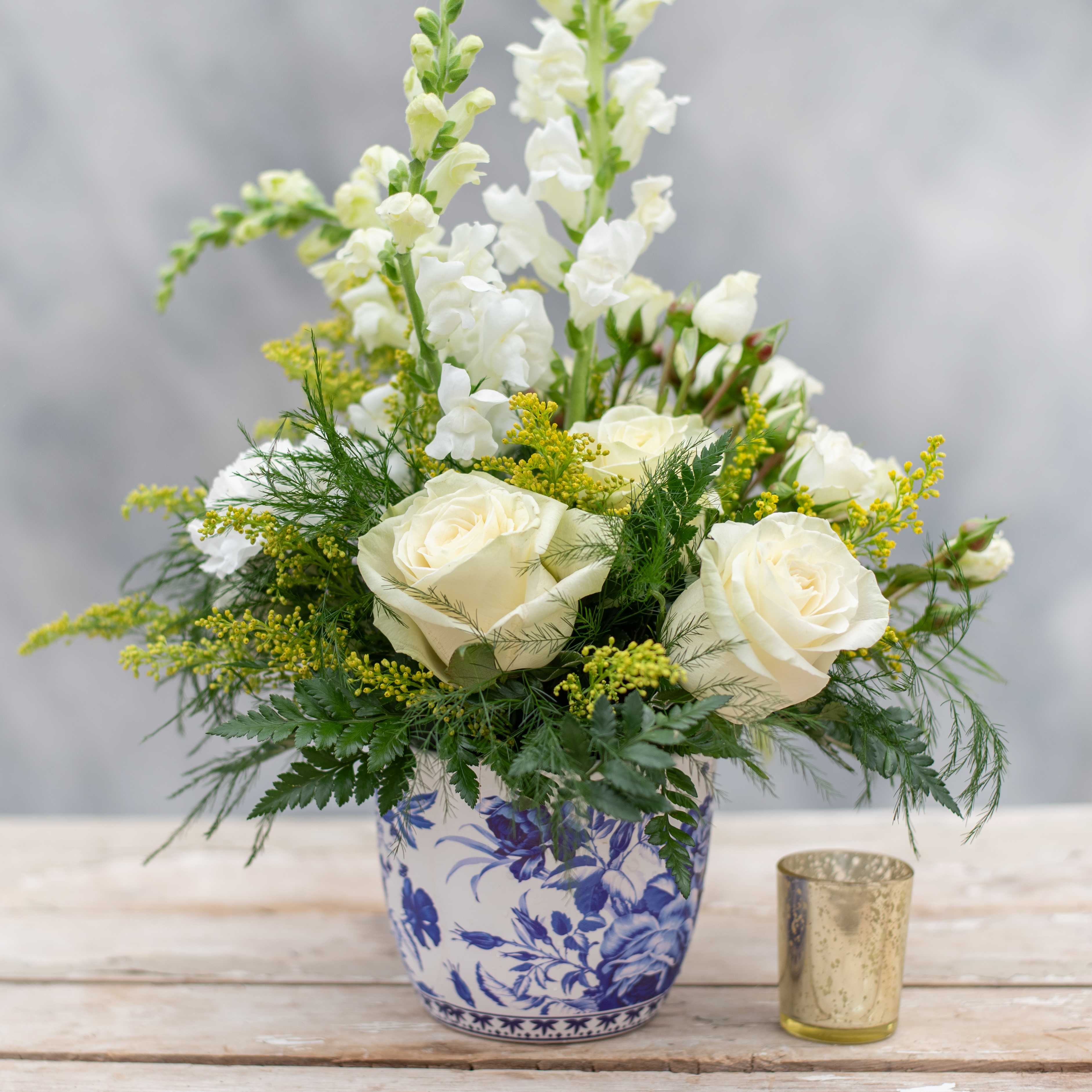 Floral Arrangement White Roses Feathery Greenery Bouquet