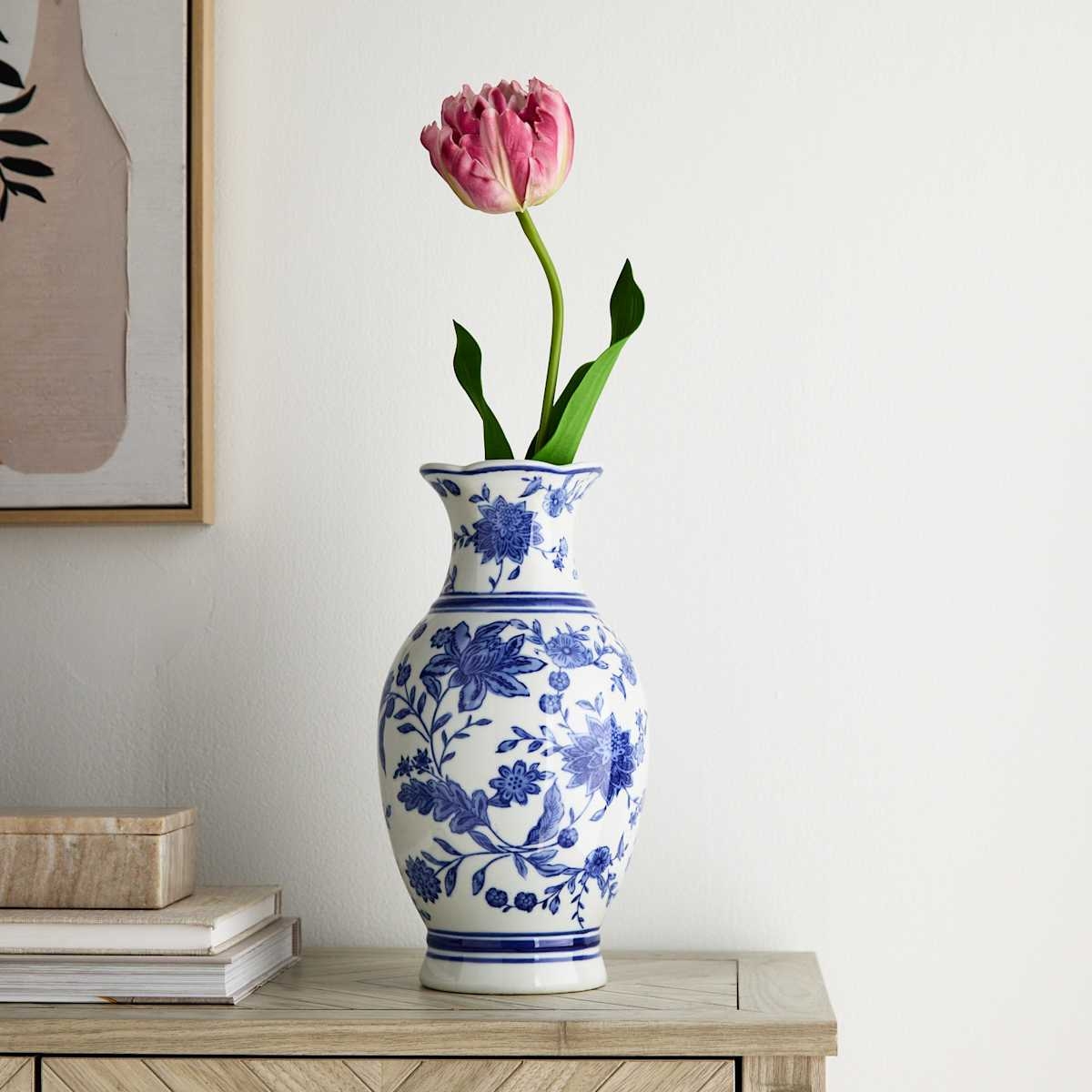 Floral Vase 12 Inch Height Scalloped Rim Chinoiserie Decor