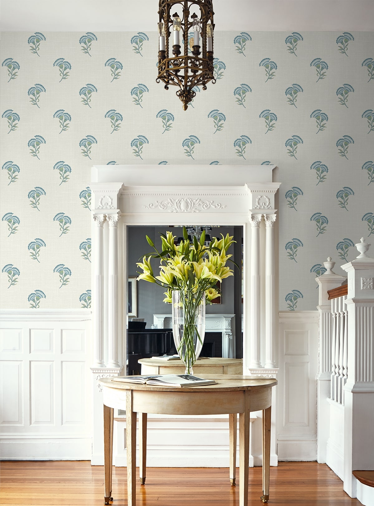 Floral Wallpaper with Ornate White Millwork Sprigs