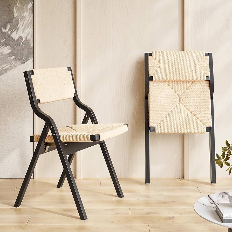 Folding Chair Geometric Woven Cord Black Wood Frame