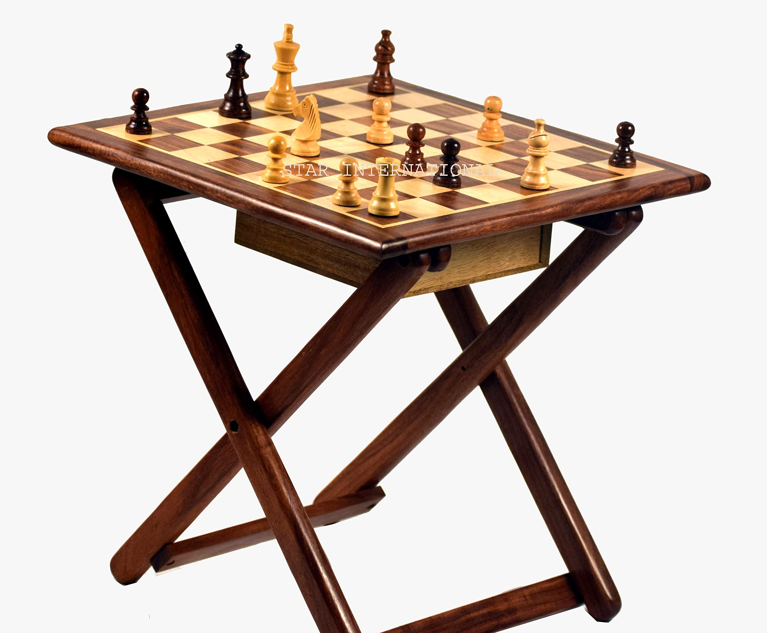 Folding Chess Table: Rosewood Wood Game Board X Frame