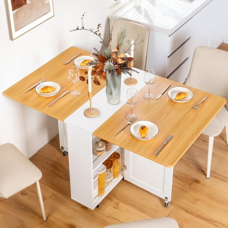 Folding Dining Table with White Base and Integrated Storage Shelf