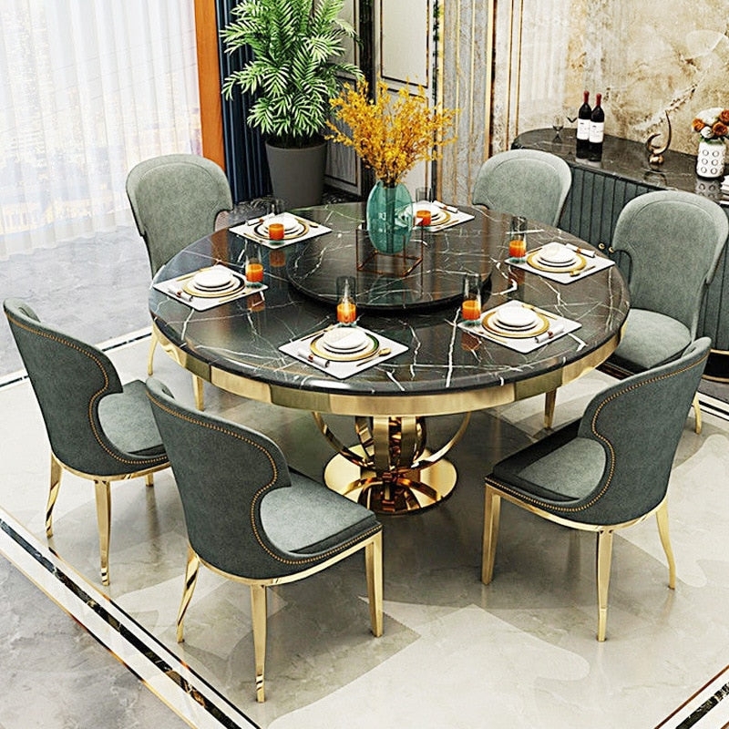 Forest Green Dining Set with Gold Pedestal Chairs and Marble Top