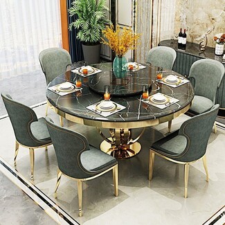 Forest Green Dining Set with Gold Pedestal Chairs and Marble Top
