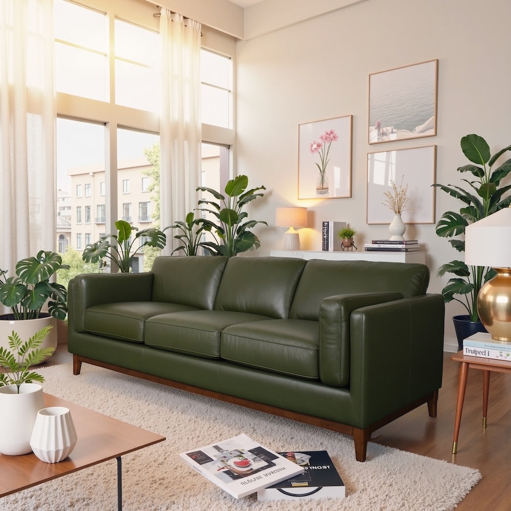 Forest Green Sofa with Exposed Wood Base and Tapered Legs Scandi Style