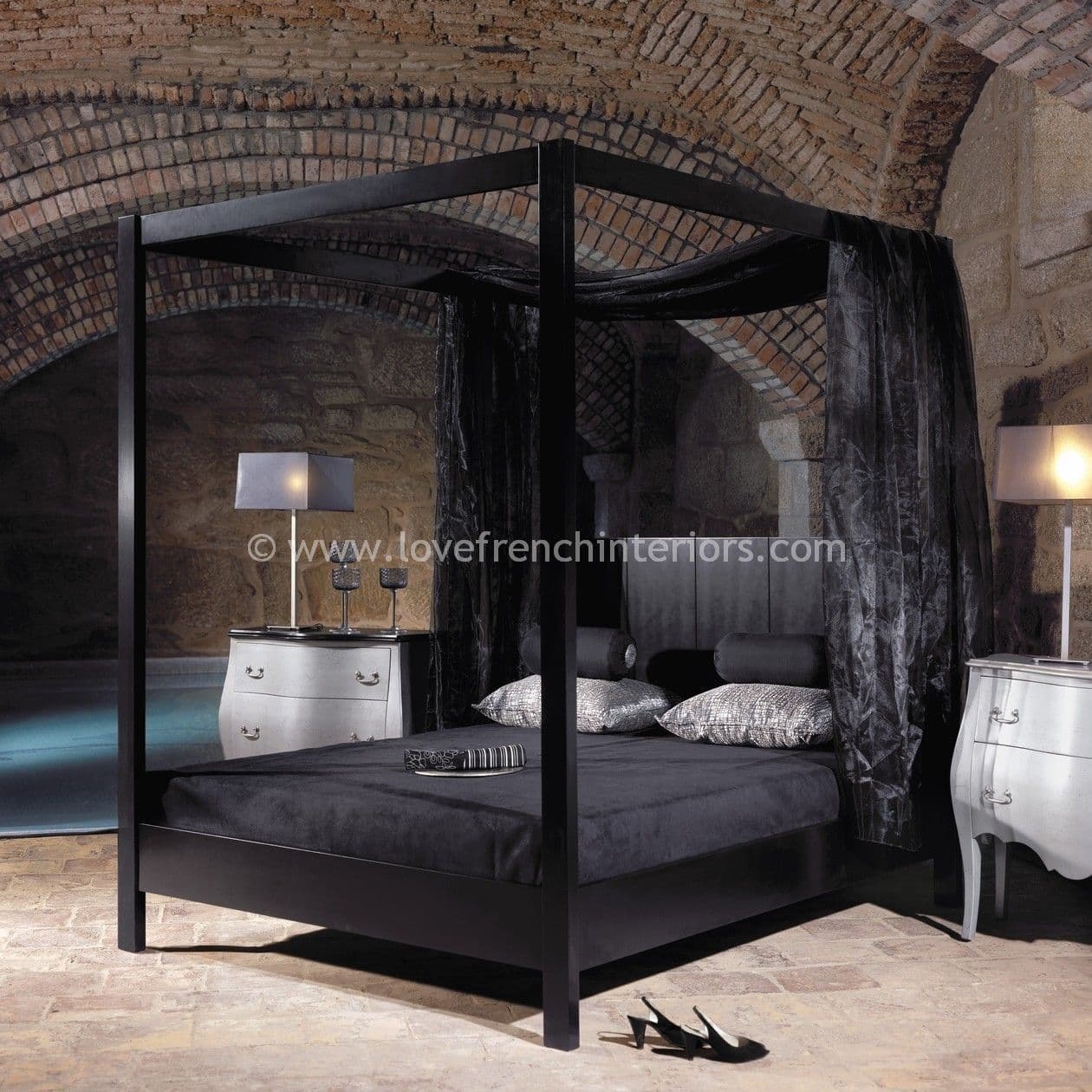 Four Poster Bed having Satin Black Finish and Sheer Drapes