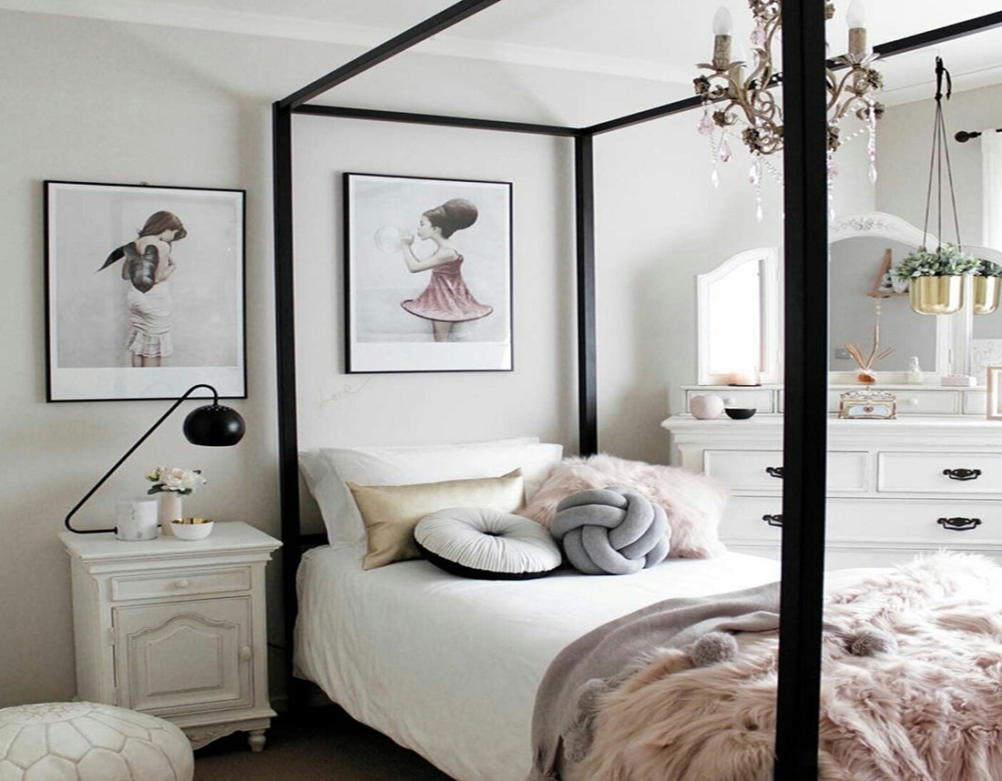 Four Poster Bed highlighting Knot Pillow Accent and Faux Fur