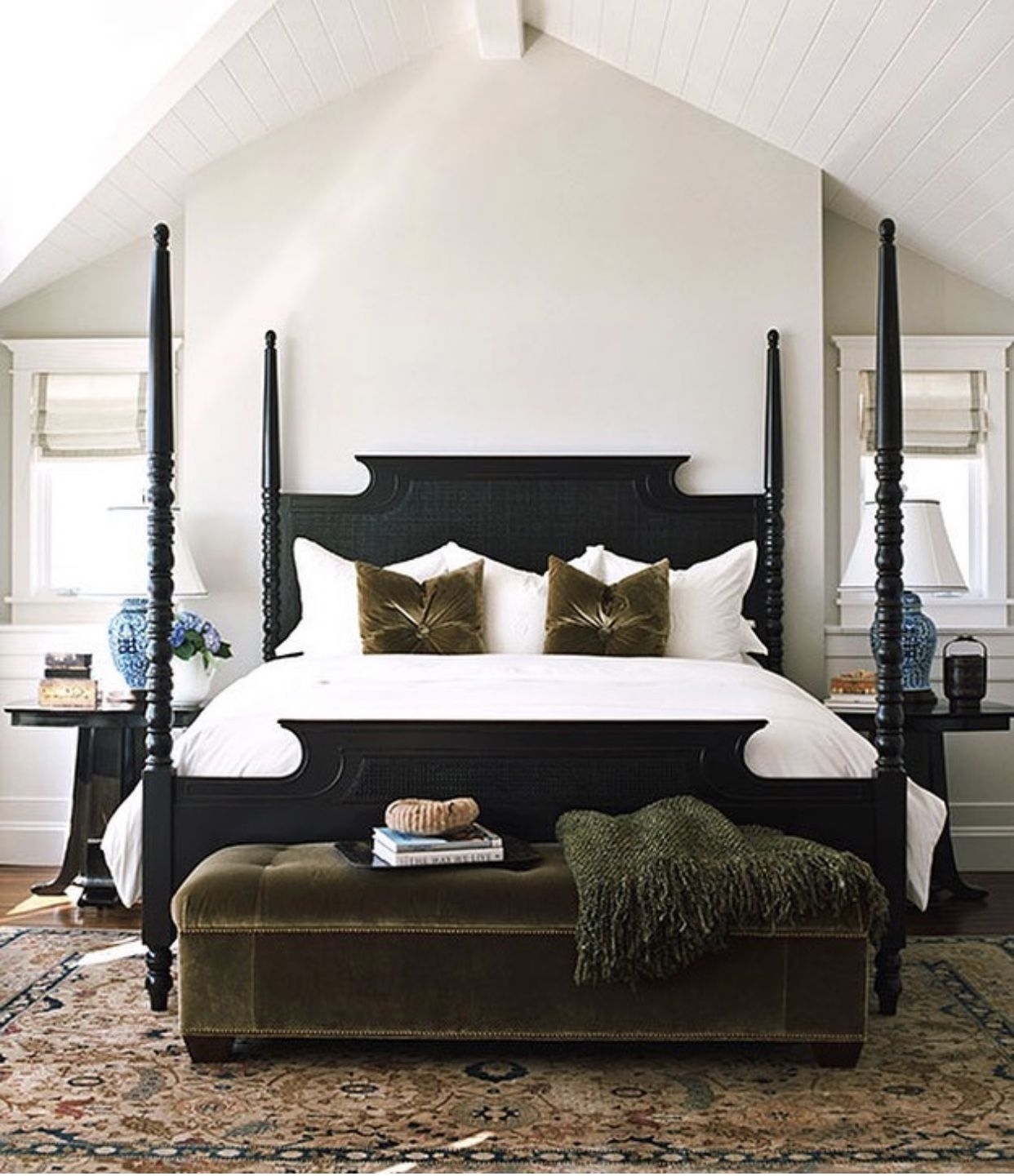 Four Poster Bed plus Tall Turned Posts and Olive Velvet