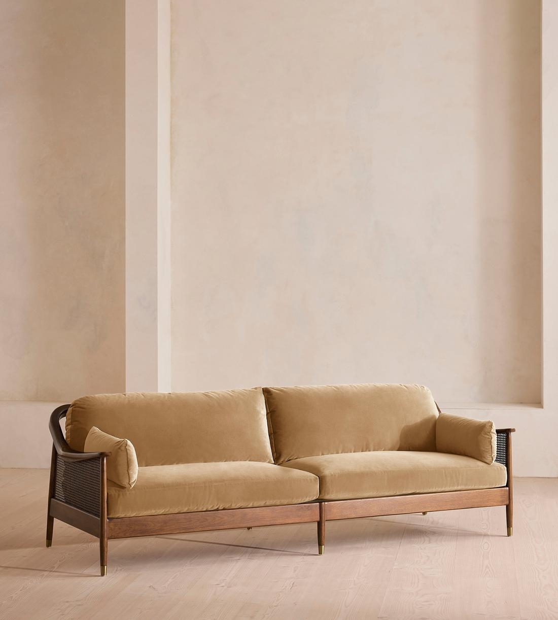 Four Seater Sofa Caned Side Panels Camel Rattan Arm Couch