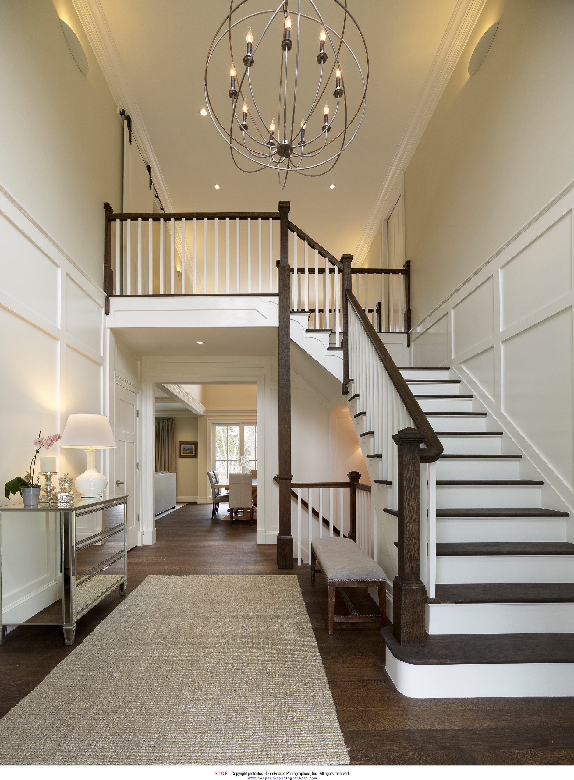 Foyer Chandelier Orb Pendant Light Grid Wall Paneling