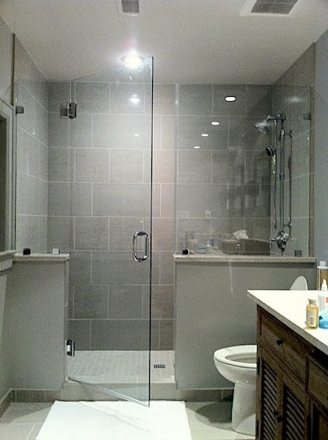 Frameless Enclosure with Louvered Vanity and Pivot Glass Door