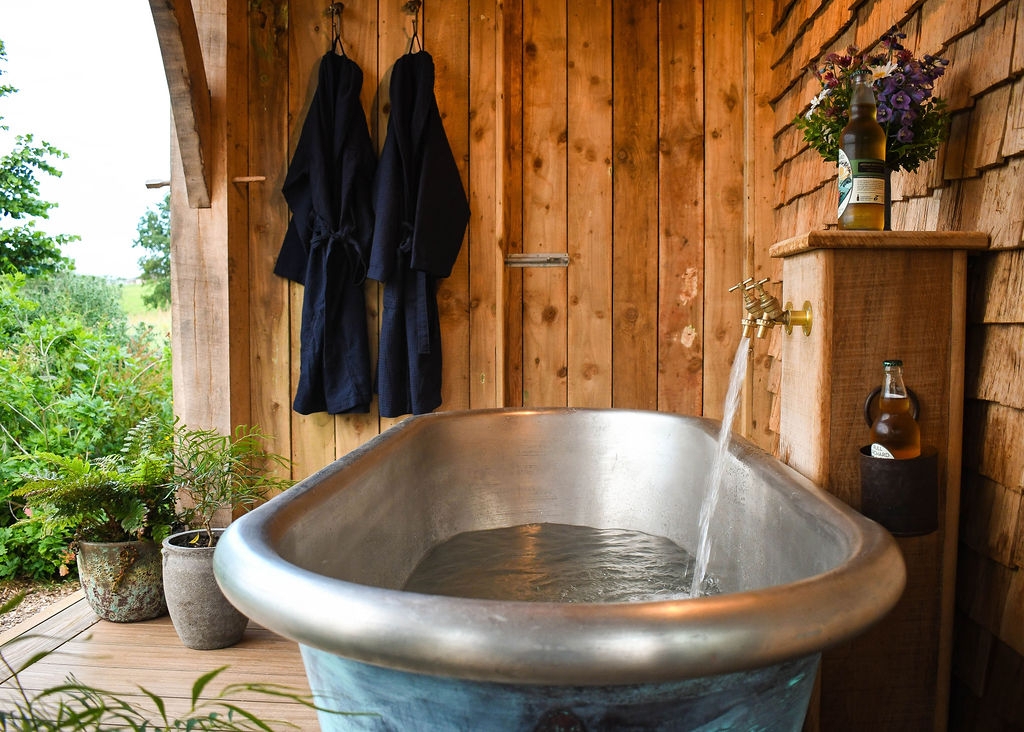 Freestanding Bathtub: Verdigris Exterior and Rustic Cabin Spa Ideas