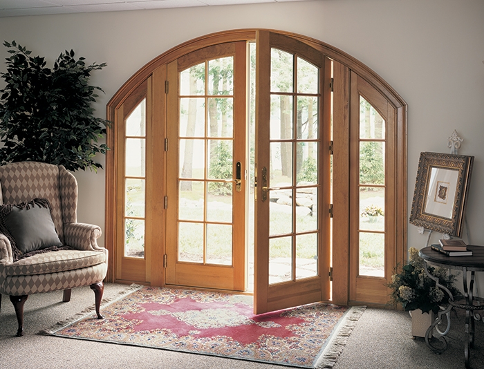 French Doors Arched Transom Honey Wood Grain Entry