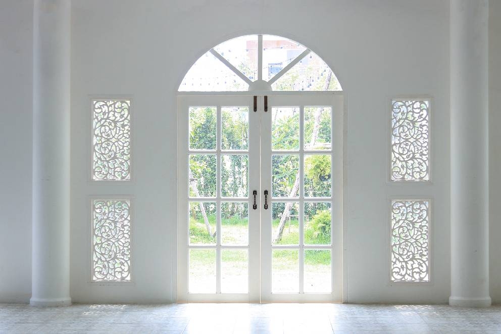 French Doors Filigree Side Panels Arched Transom