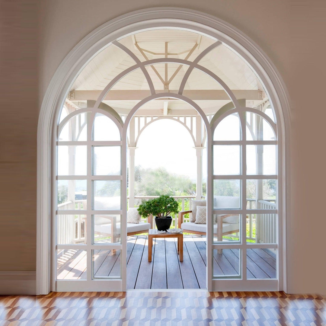 French Doors Intersecting Arch Pattern White Iron Frame
