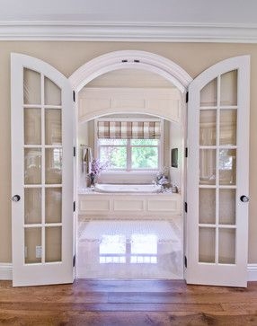 French Doors Multi Pane Glass Black Hardware Bathroom