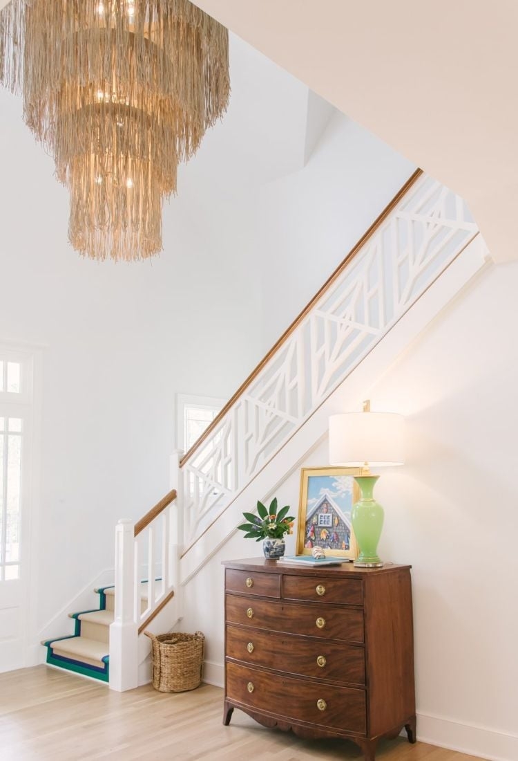 Fringe Chandelier Tassels and Geometric Stair Railing