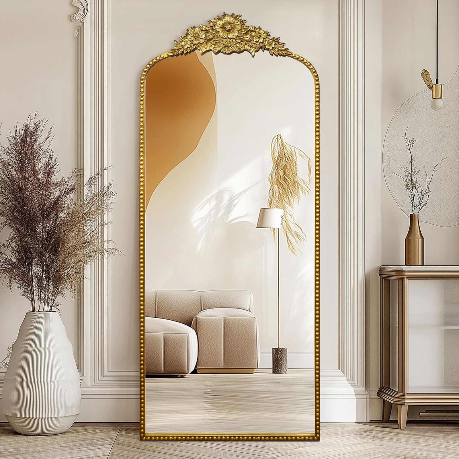 Full Length Mirror Floral Crest Arched Gold Finish Mirror