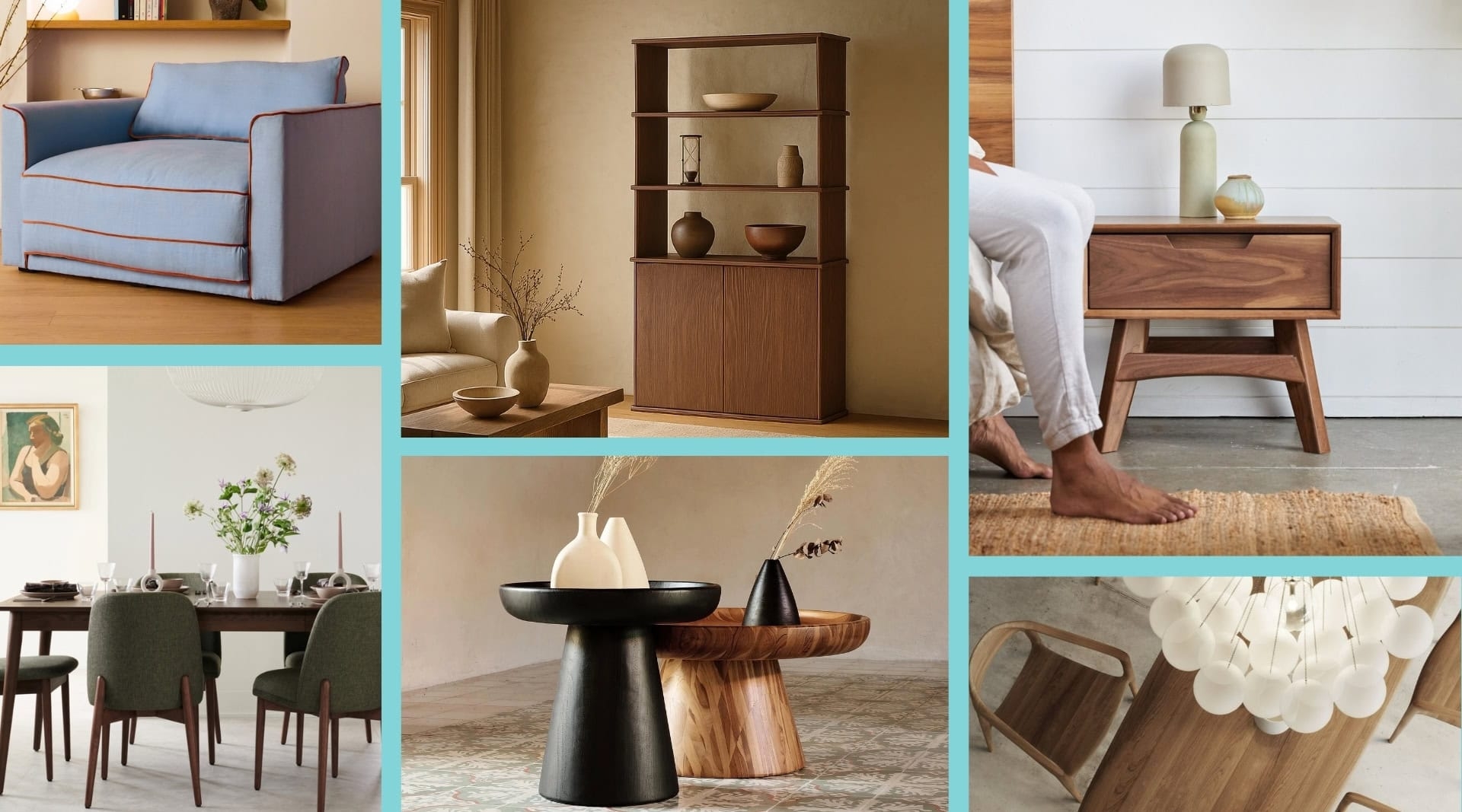 Furniture Collection with Walnut Tones and Frosted Bubble Chandelier