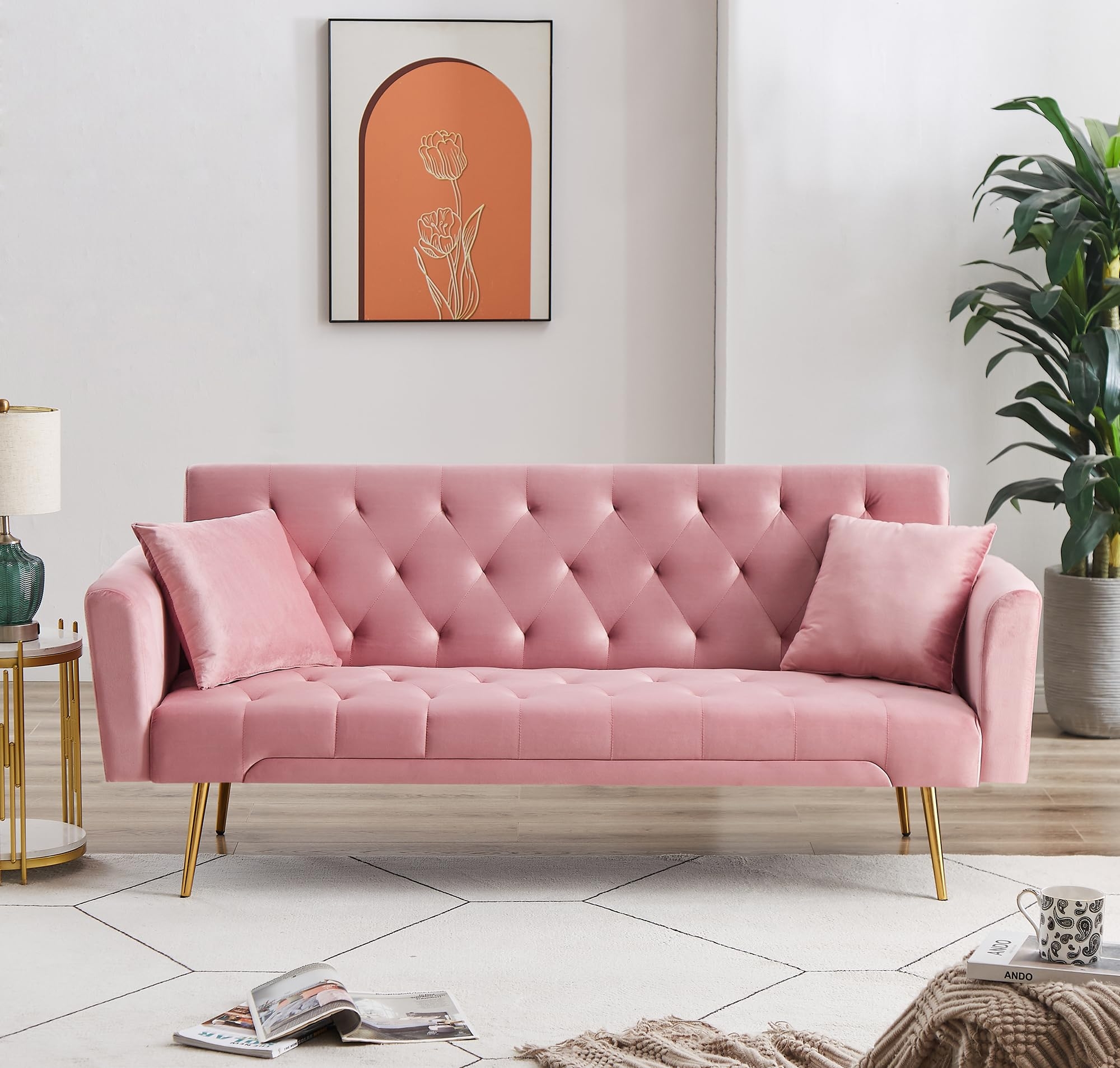 Futon Sofa featuring Diamond Tufted Back and Gold Tapered Legs