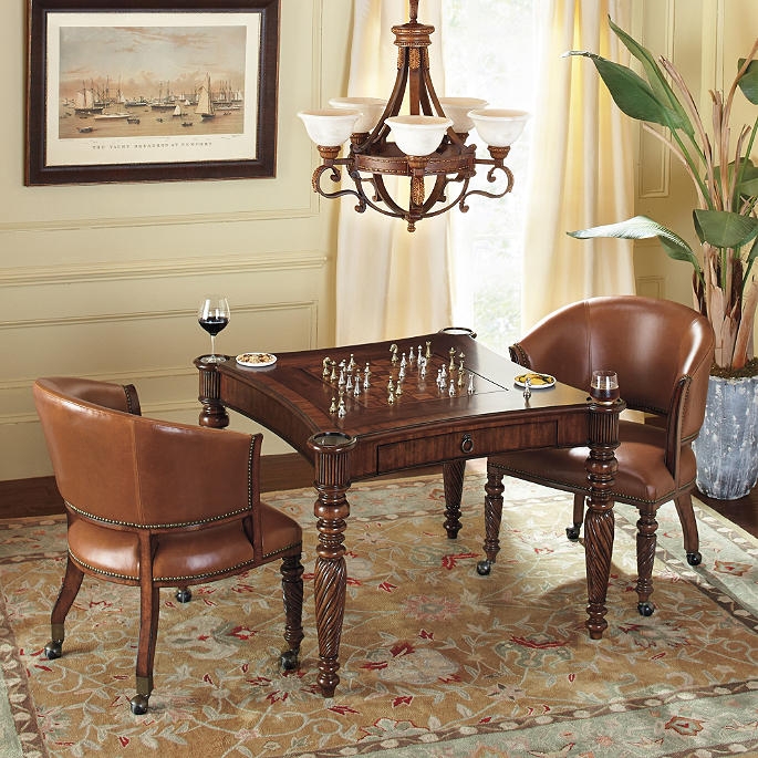 Game Table Set: Leather Chairs Spiral Turned Legs