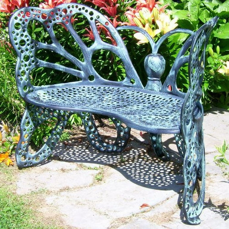Garden Bench Blue Metal Verdigris Perforated Seat Decor