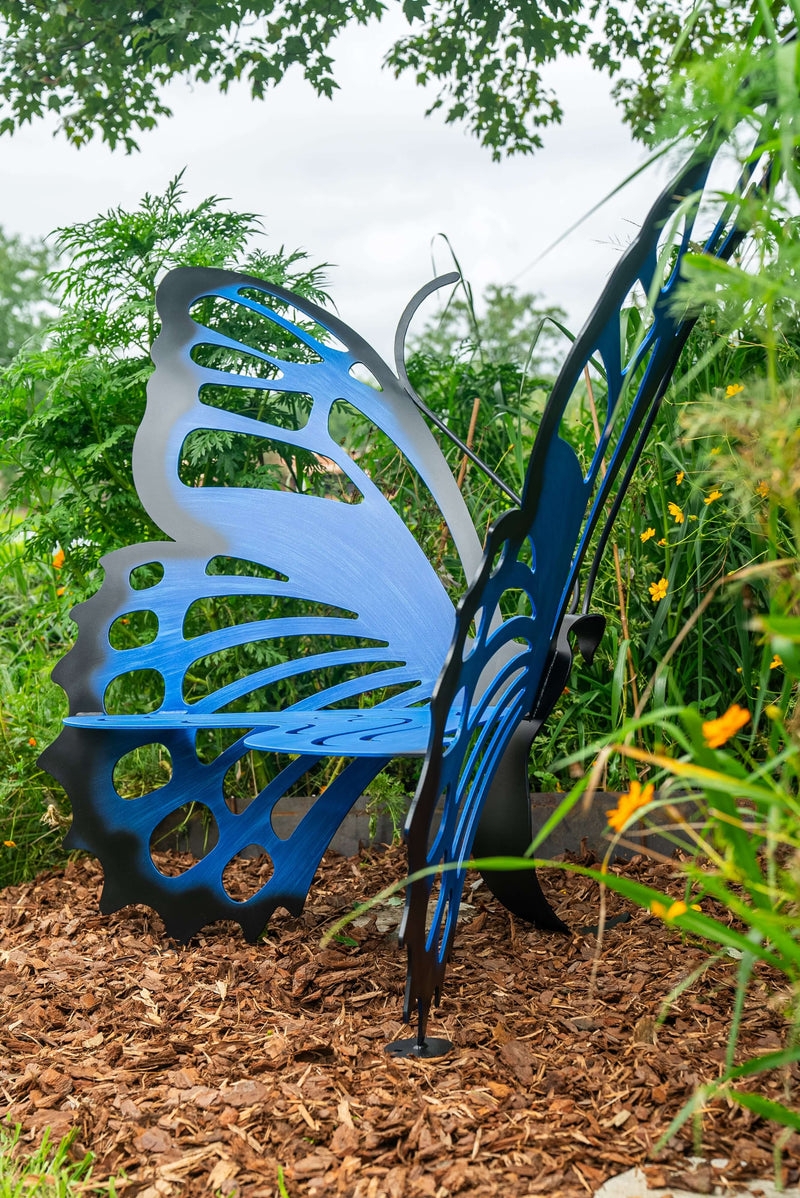 Garden Bench Cobalt Blue Metal Laser-Cut Detail Seat