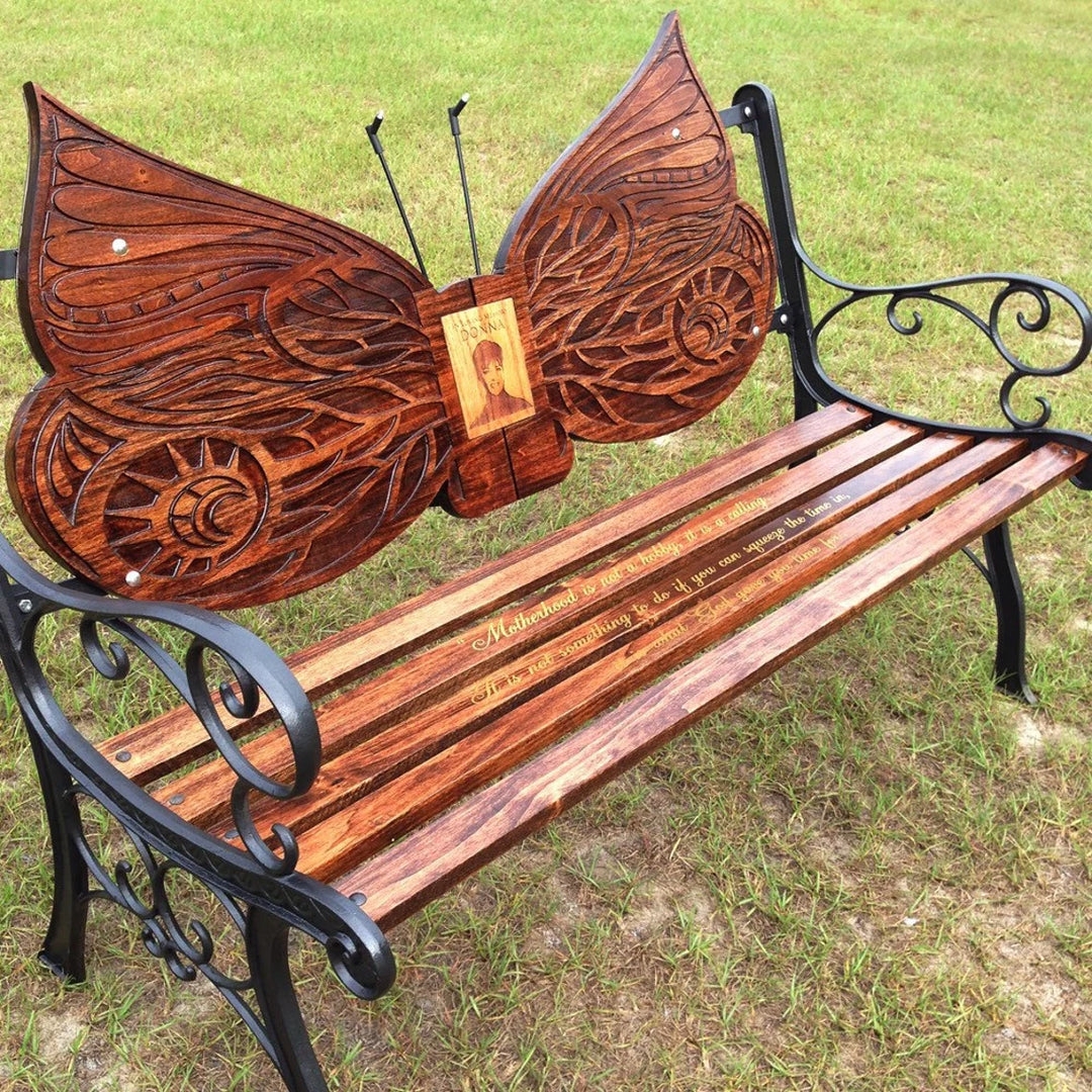 Garden Bench Engraved Wood Portrait Memorial Tribute