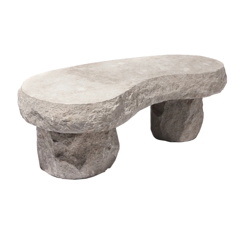 Garden Bench Kidney Shaped Stone Like Organic Wood Seat