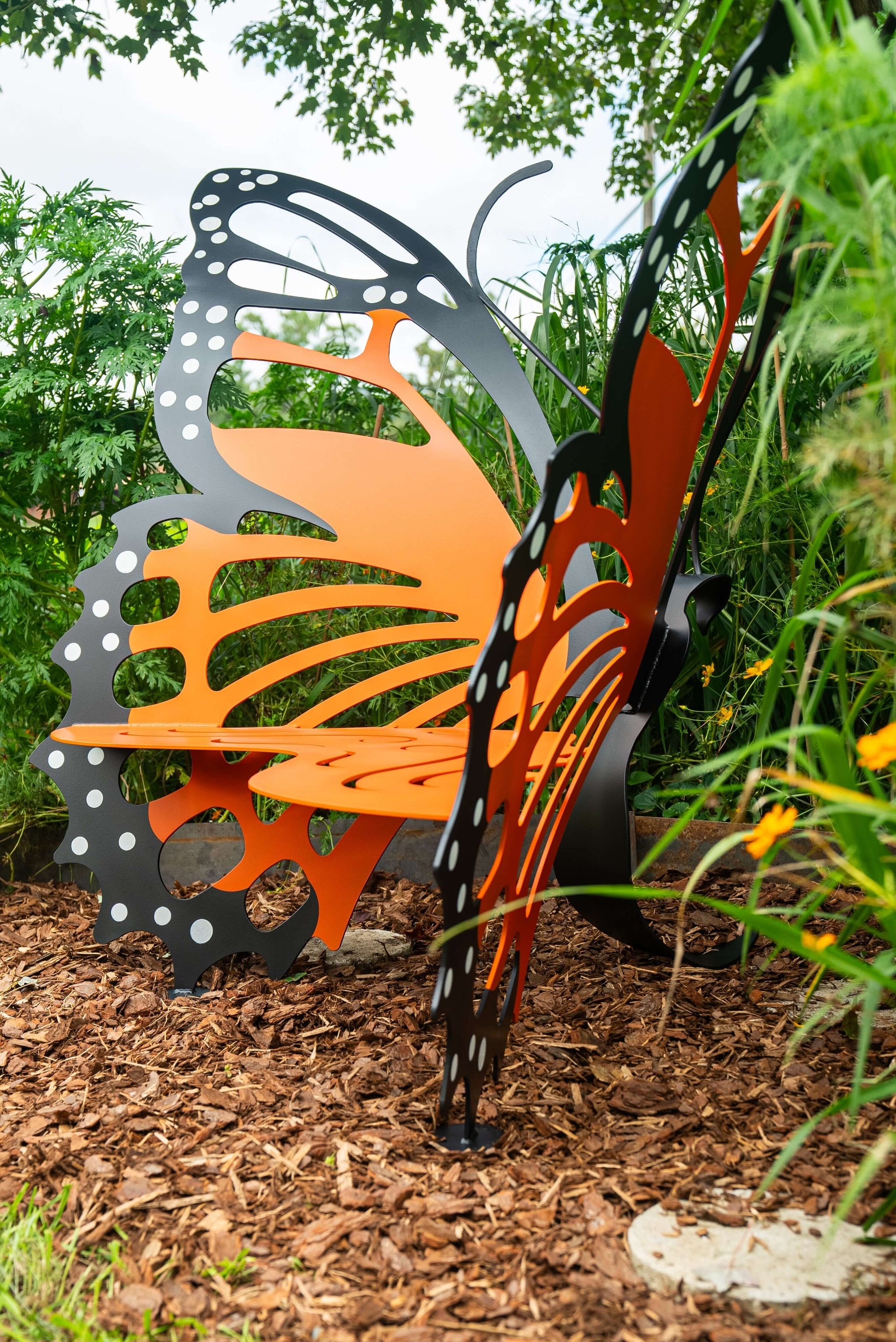 Garden Bench Monarch Pattern Orange Metal Seating Art