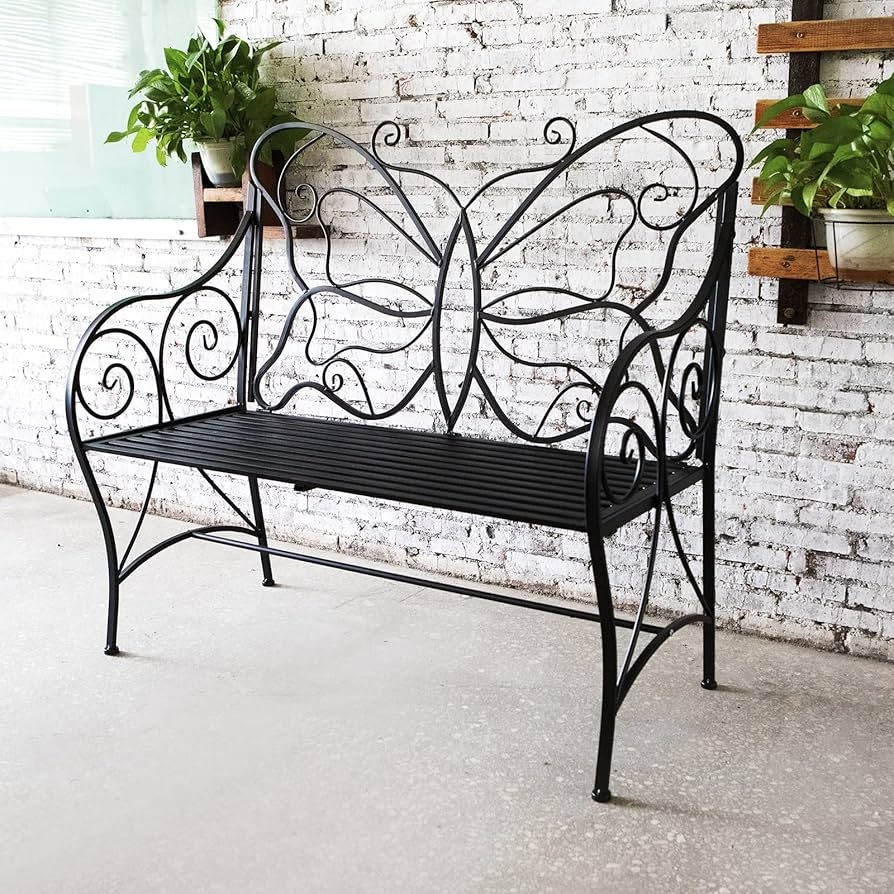 Garden Bench Ornate Scrollwork Metal Matte Black Seat