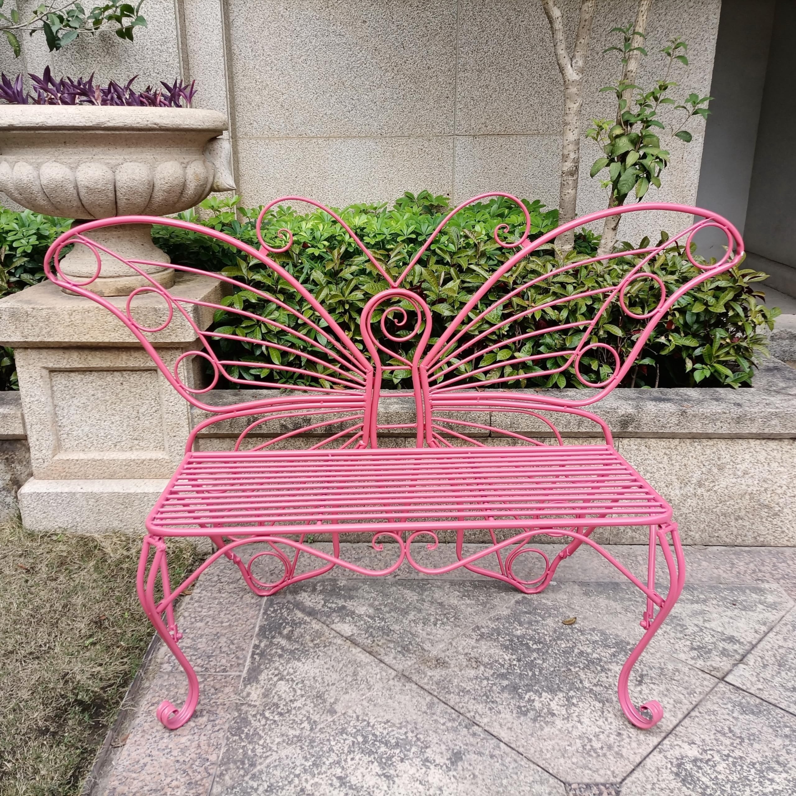 Garden Bench Pink Metal Wire Slatted Butterfly Design