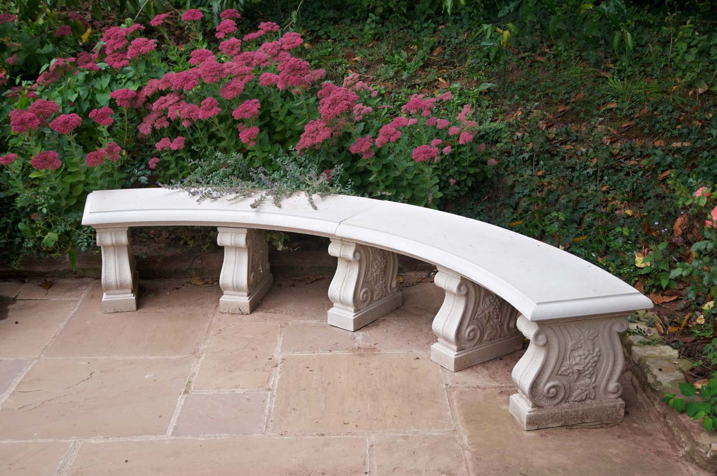 Garden Bench Scrolled Supports Grape Motif Stone Seating