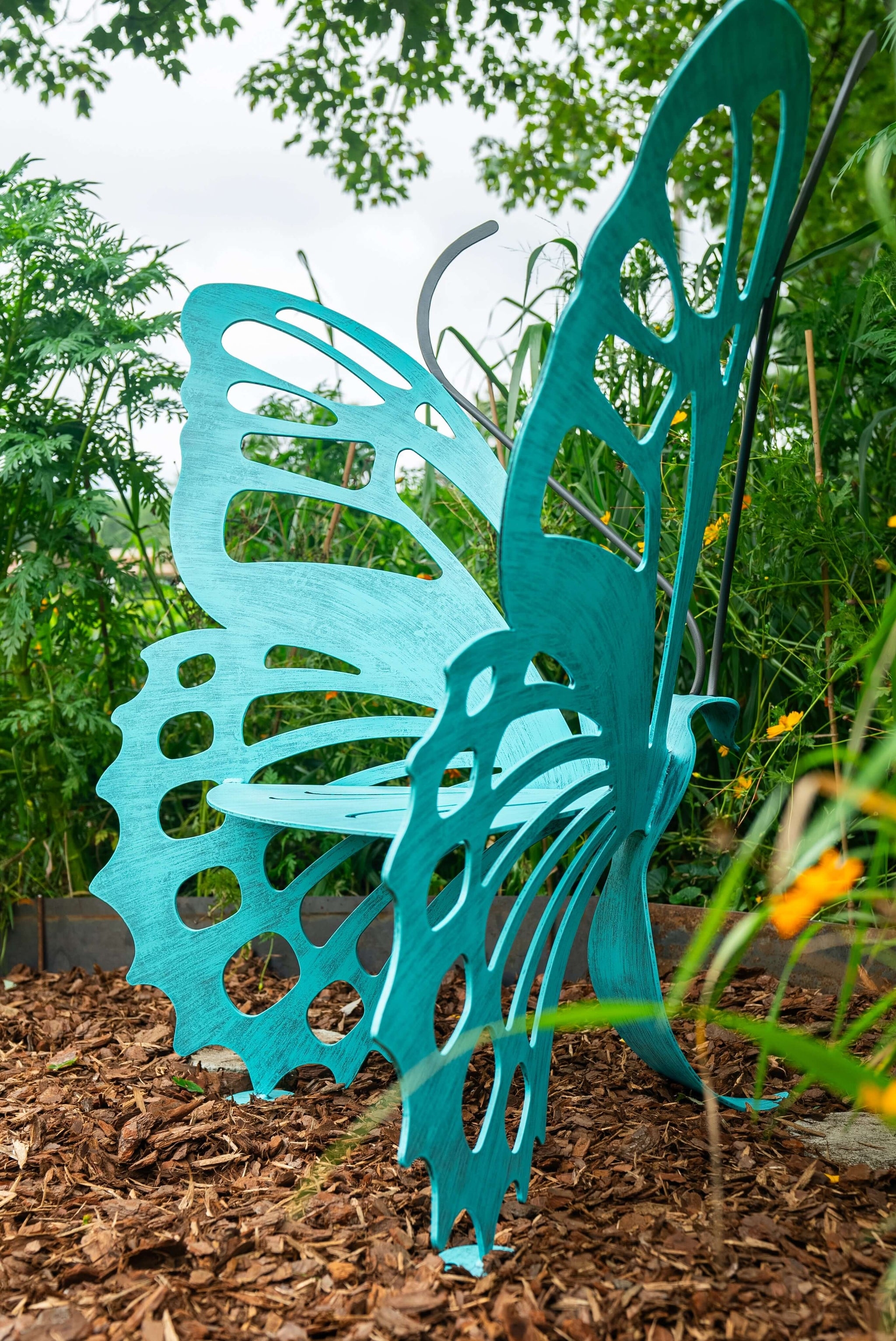 Garden Bench Verdi Patina Metal Openwork Wing Design