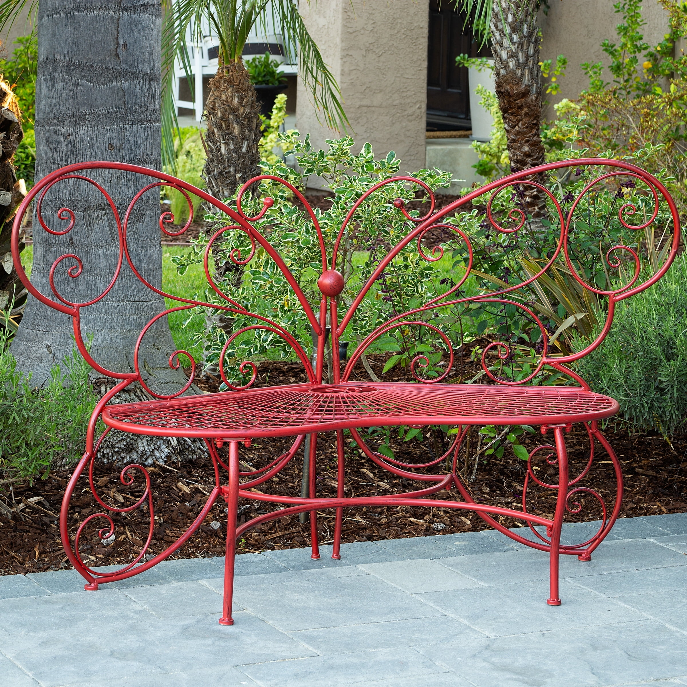 Garden Bench Vibrant Red Wrought Iron Scrollwork Seat